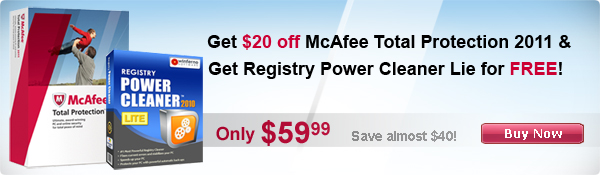 Get 50% OFF McAfee Total Protection and Get Registry Power Cleaner Lite for FREE!